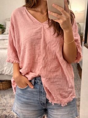 DOKOTOO Baby Pink Gauze Cotton Top Oversized Frayed Hem Boho Blouse Size S